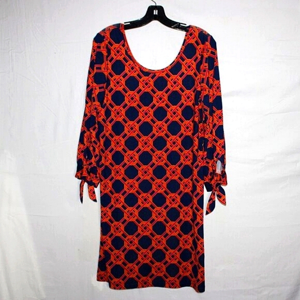 MudPie M Navy Orange Geometric Print Shift Dress Tie Sleeve